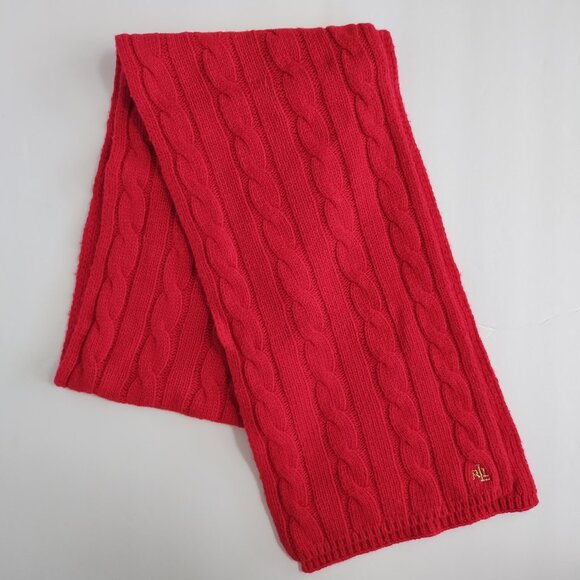 Lauren Ralph Lauren Monogram Cable Knit Wool & Alpaca Red Sweater Scarf - Picture 1 of 7